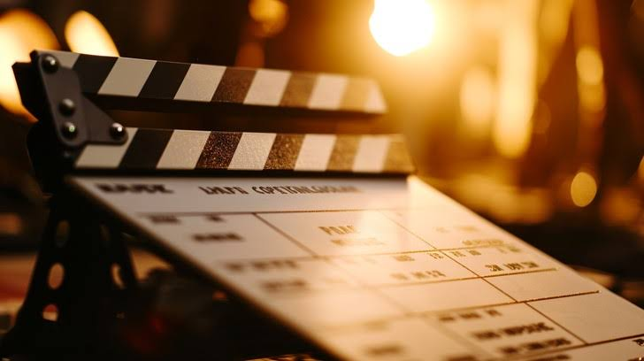 Film clapperboard resting on a shooting schedule under warm studio lighting